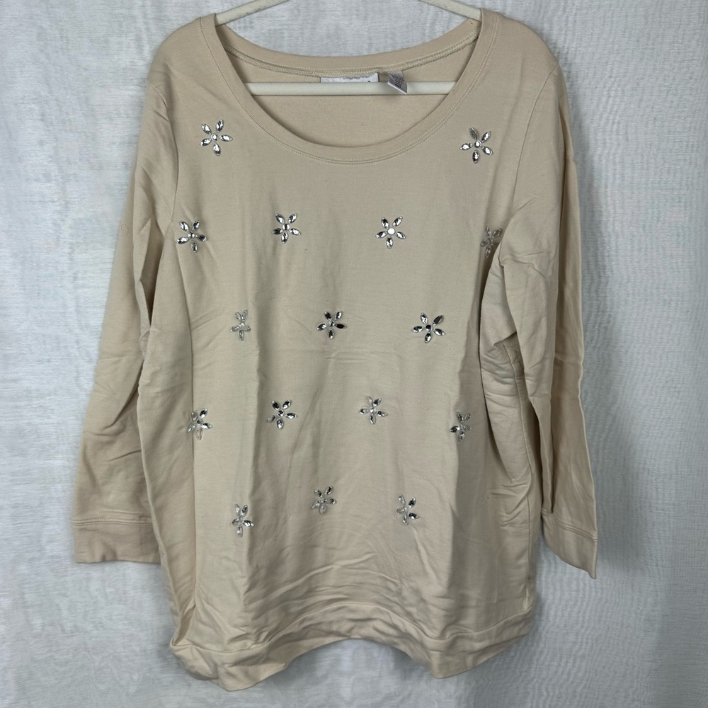 NWOT Roaman's 1X Jeweled Star Design Tan Womens Scoop Neck Long Sleeve Shirt Top